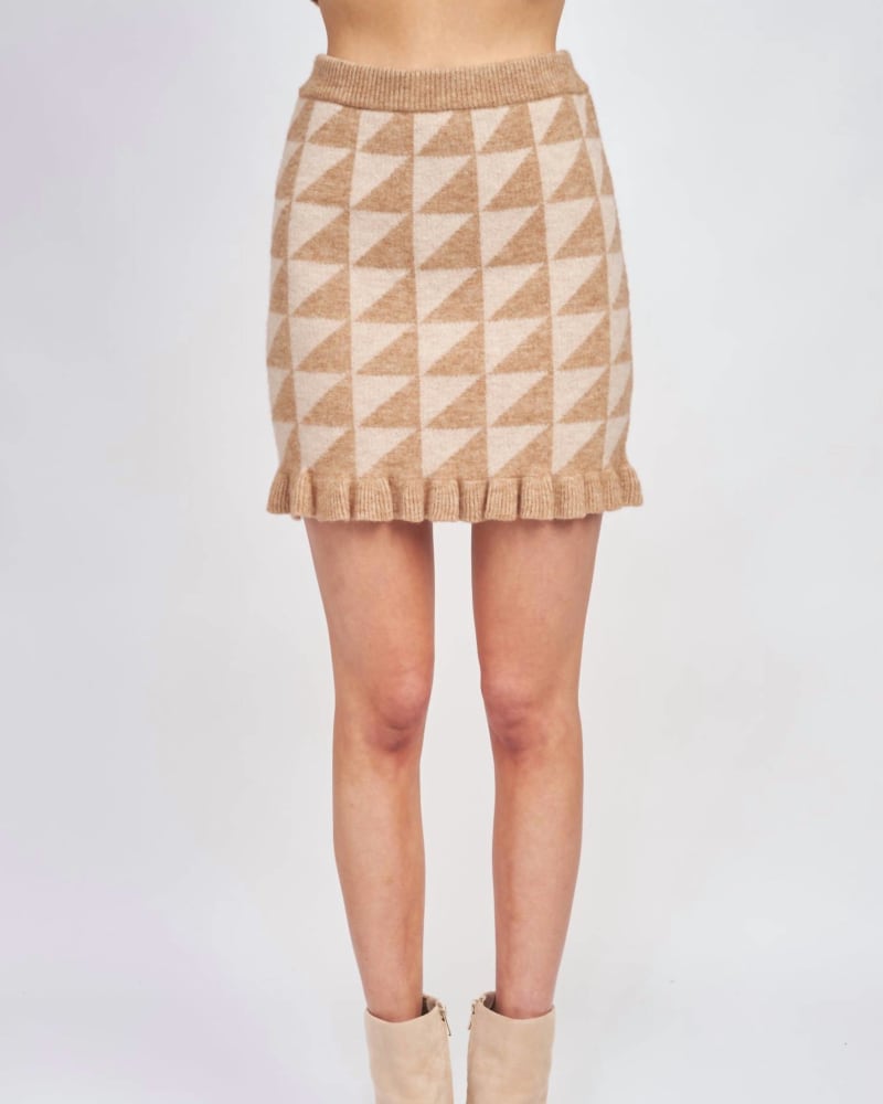 Front of a model wearing a size L Blaise Skirt In Taupe in Taupe by En Saison. | dia_product_style_image_id:351644